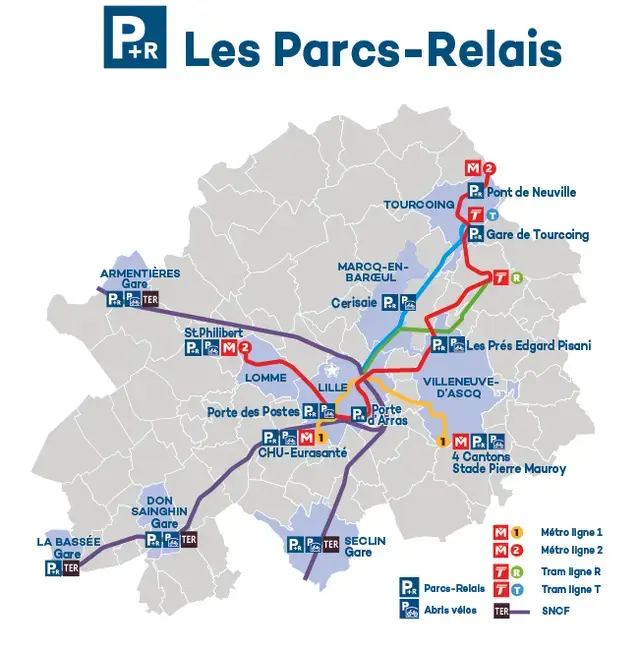 La carte des parkings relais de Lille Métropole